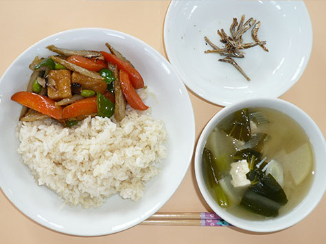 高野豆腐とごぼうの揚げ煮と小松菜の味噌汁とごはん