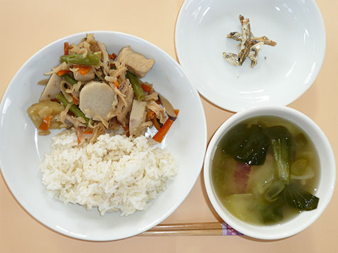 高野豆腐と切干し大根の煮物とチンゲン菜の味噌汁とごはん