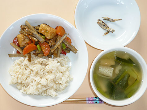高野豆腐とごぼうの揚げ煮と小松菜・わかめの味噌汁とごはん